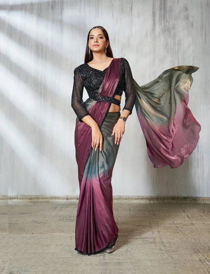 Grey-Wine Shaded Satin Silk Beads Work One Minute Saree