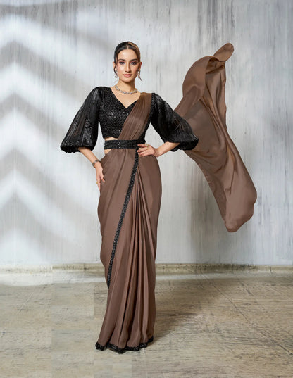 Pastel Brown Shaded Satin Silk Beads Work One Minute Saree