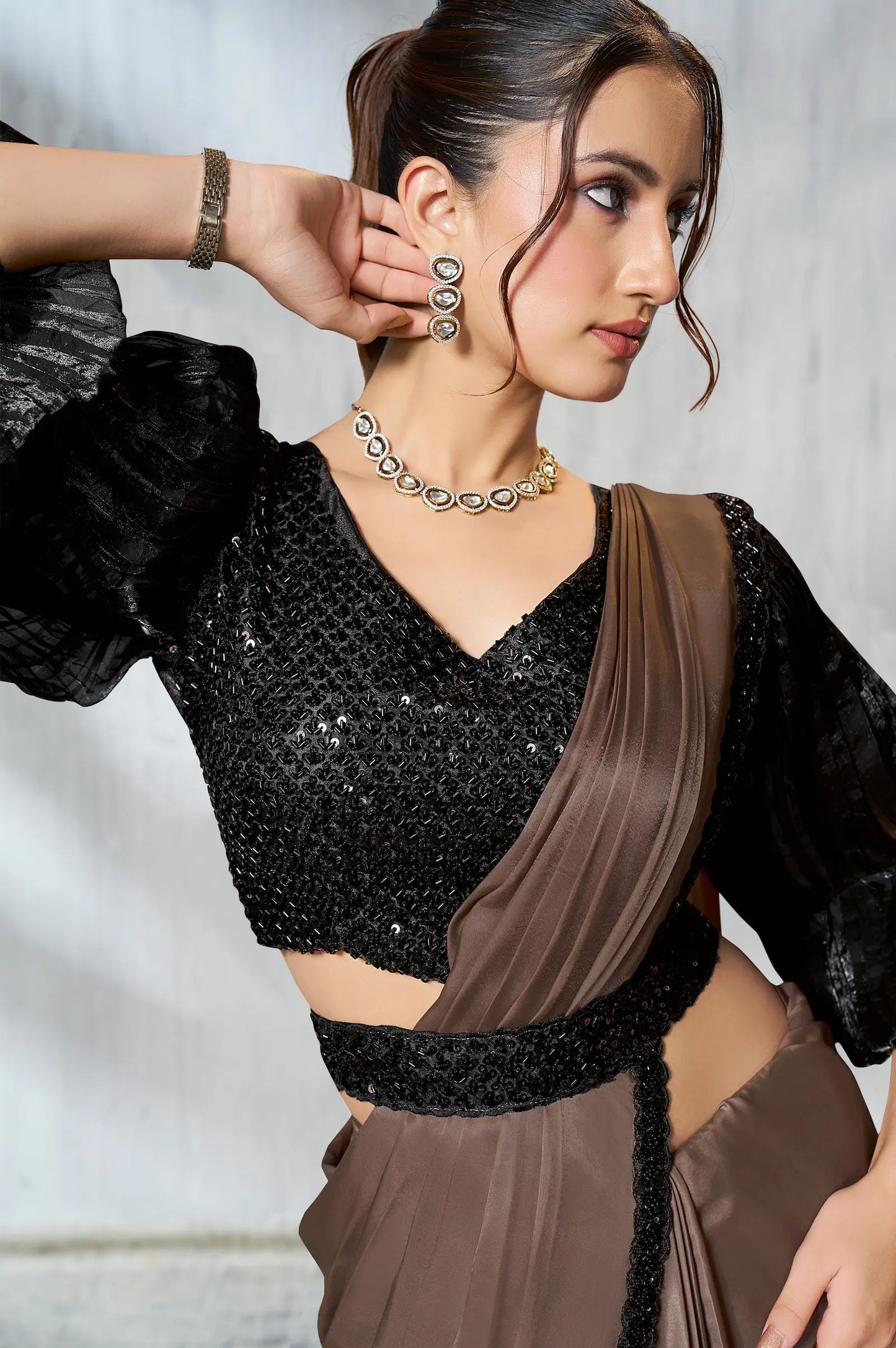 Pastel Brown Shaded Satin Silk Beads Work One Minute Saree