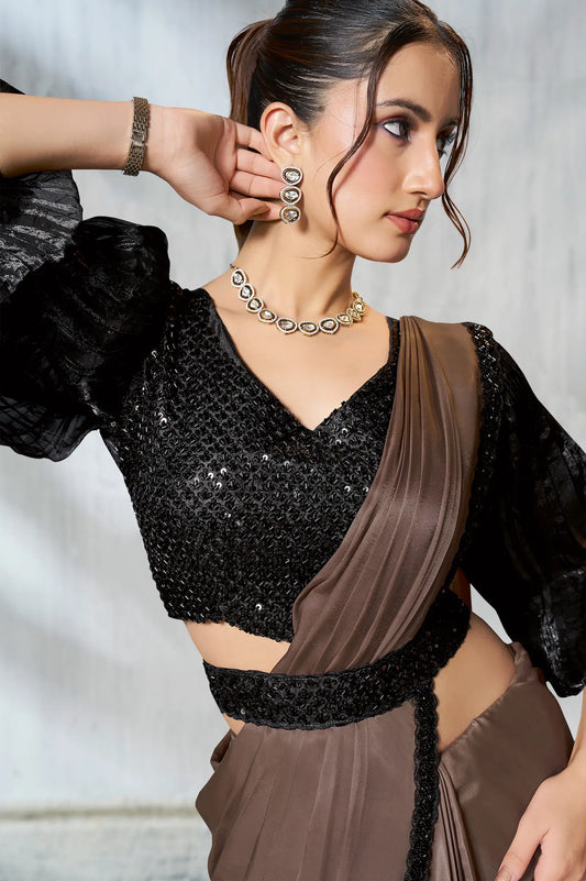 Pastel Brown Shaded Satin Silk Beads Work One Minute Saree