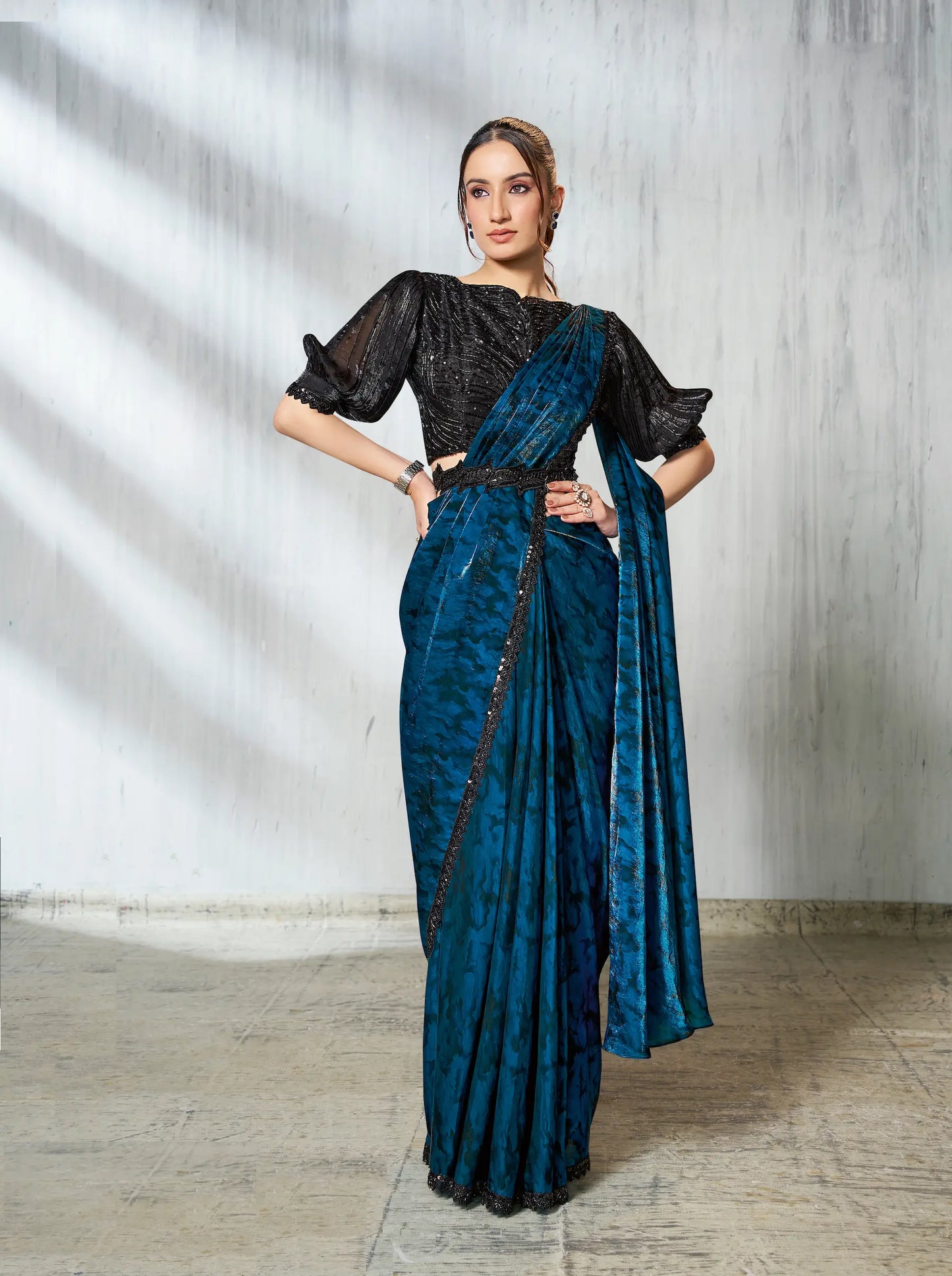 Venice Blue Shaded Satin Silk Beads Work One Minute Saree