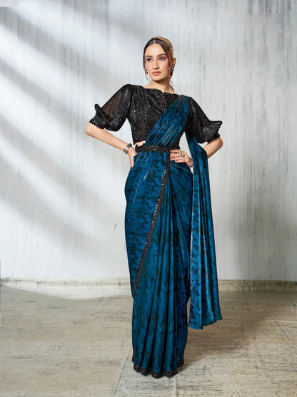 Venice Blue Shaded Satin Silk Beads Work One Minute Saree