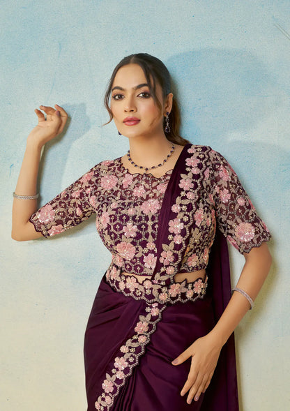 Berry Wine Embroidery & Hand Work One Minute Saree