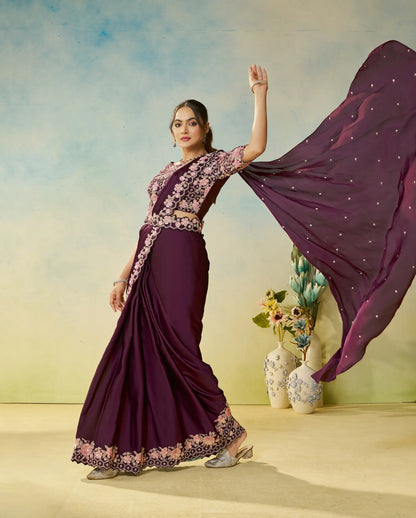 Berry Wine Embroidery & Hand Work One Minute Saree