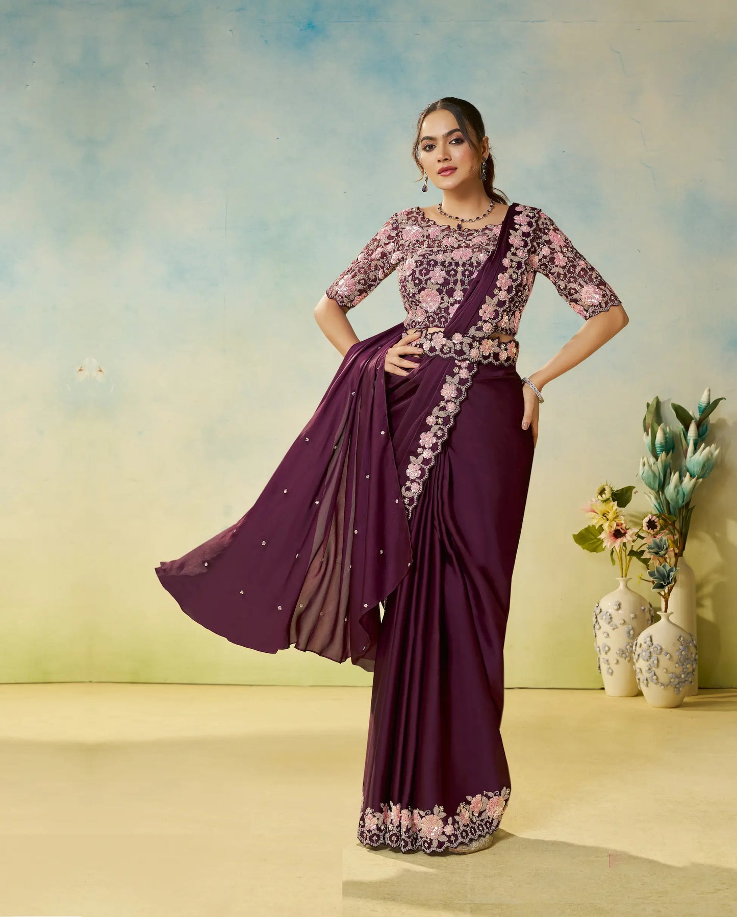 Berry Wine Embroidery & Hand Work One Minute Saree