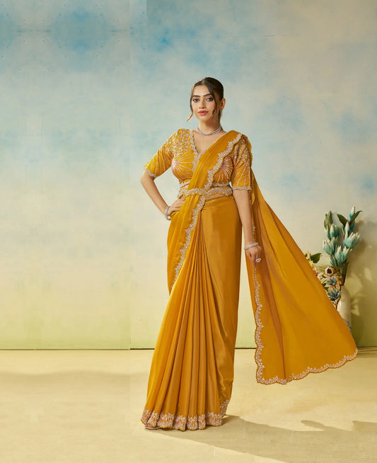 Burnt Yellow Embroidery & Hand Work One Minute Saree
