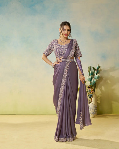 Dark Mauve Embroidery & Hand Work One Minute Saree