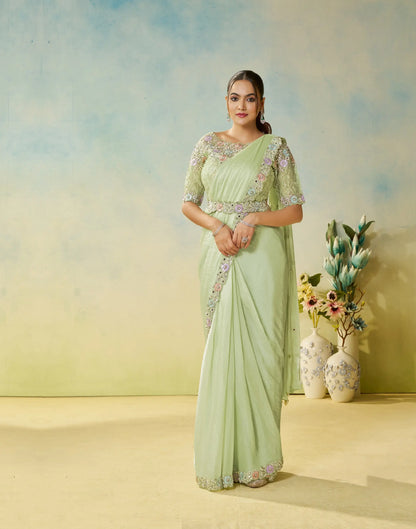 Pastel Green Embroidery & Hand Work One Minute Saree