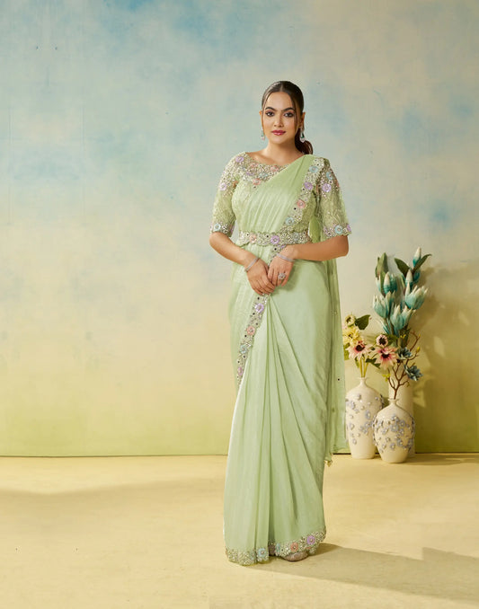 Pastel Green Embroidery & Hand Work One Minute Saree