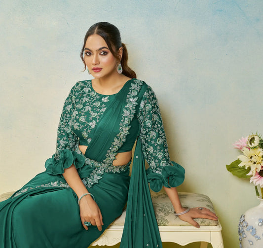 Smoky Green Embroidery & Hand Work One Minute Saree