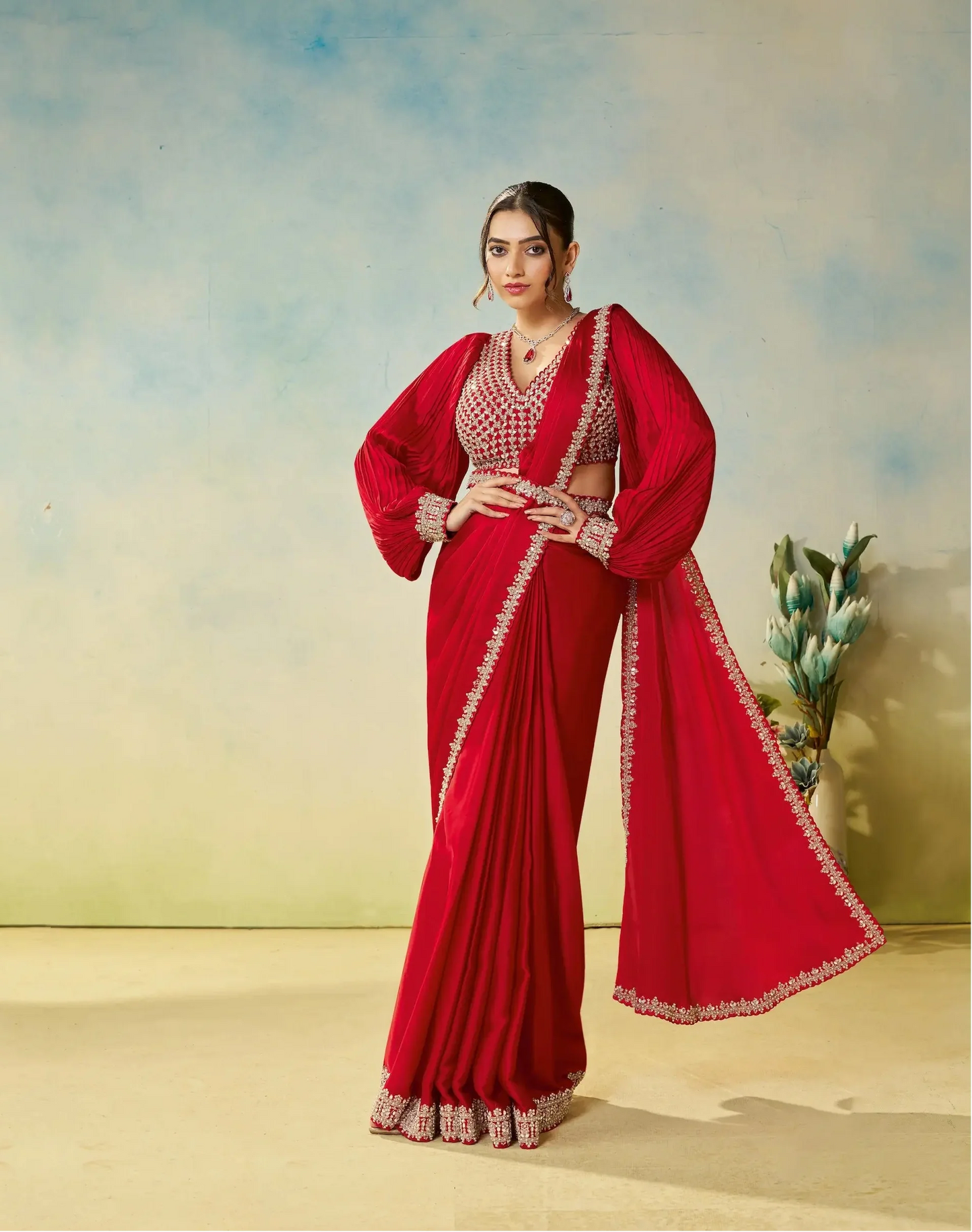 Classic Red Embroidery & Hand Work One Minute Saree