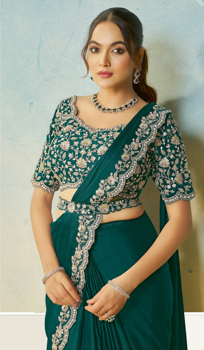 Teal Green Embroidery & Hand Work One Minute Saree