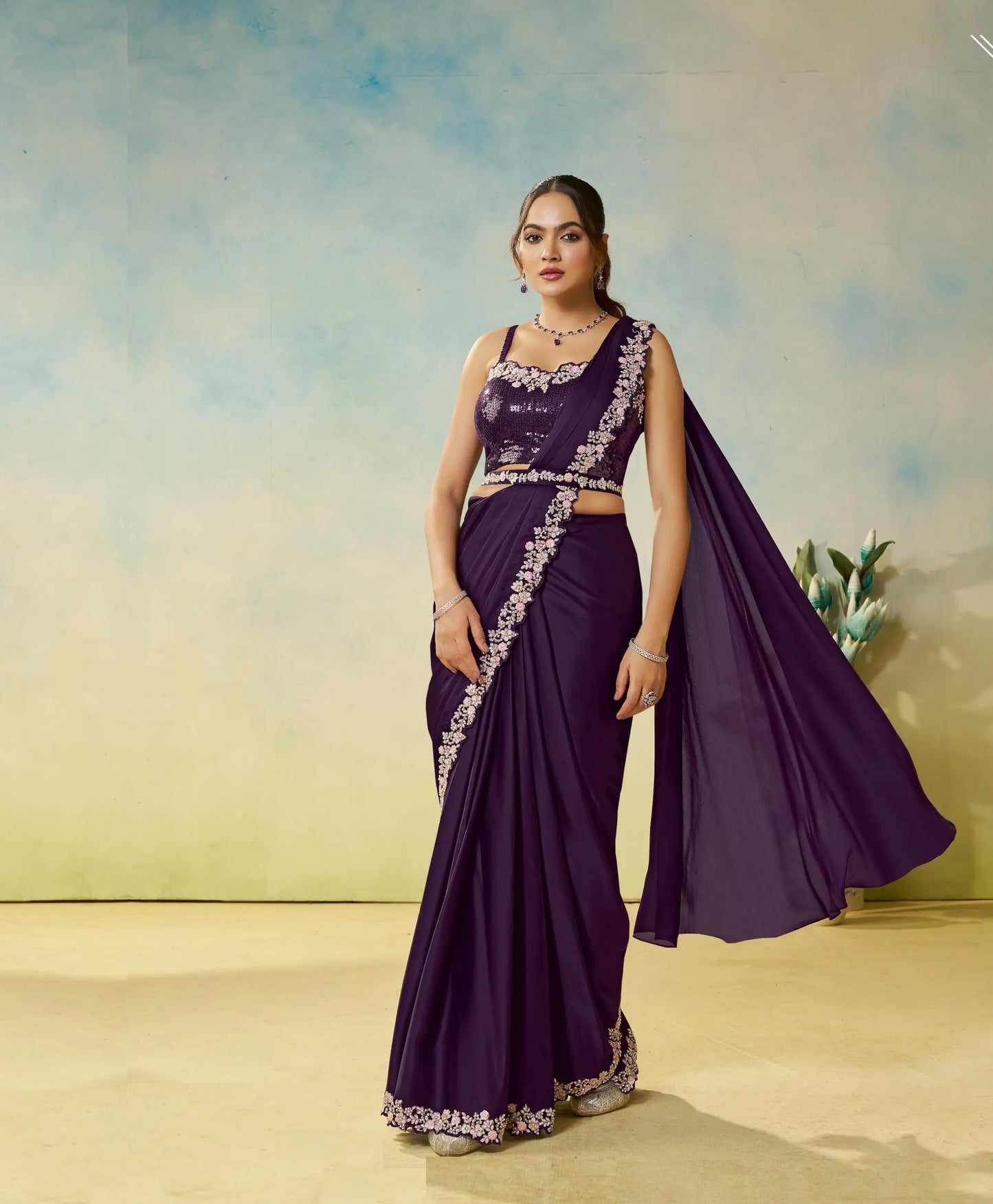 Midnight Purple Embroidery & Hand Work One Minute Saree