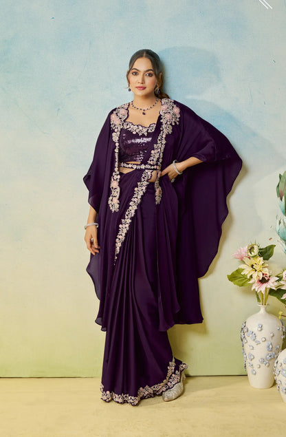 Midnight Purple Embroidery & Hand Work One Minute Saree