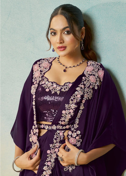 Midnight Purple Embroidery & Hand Work One Minute Saree