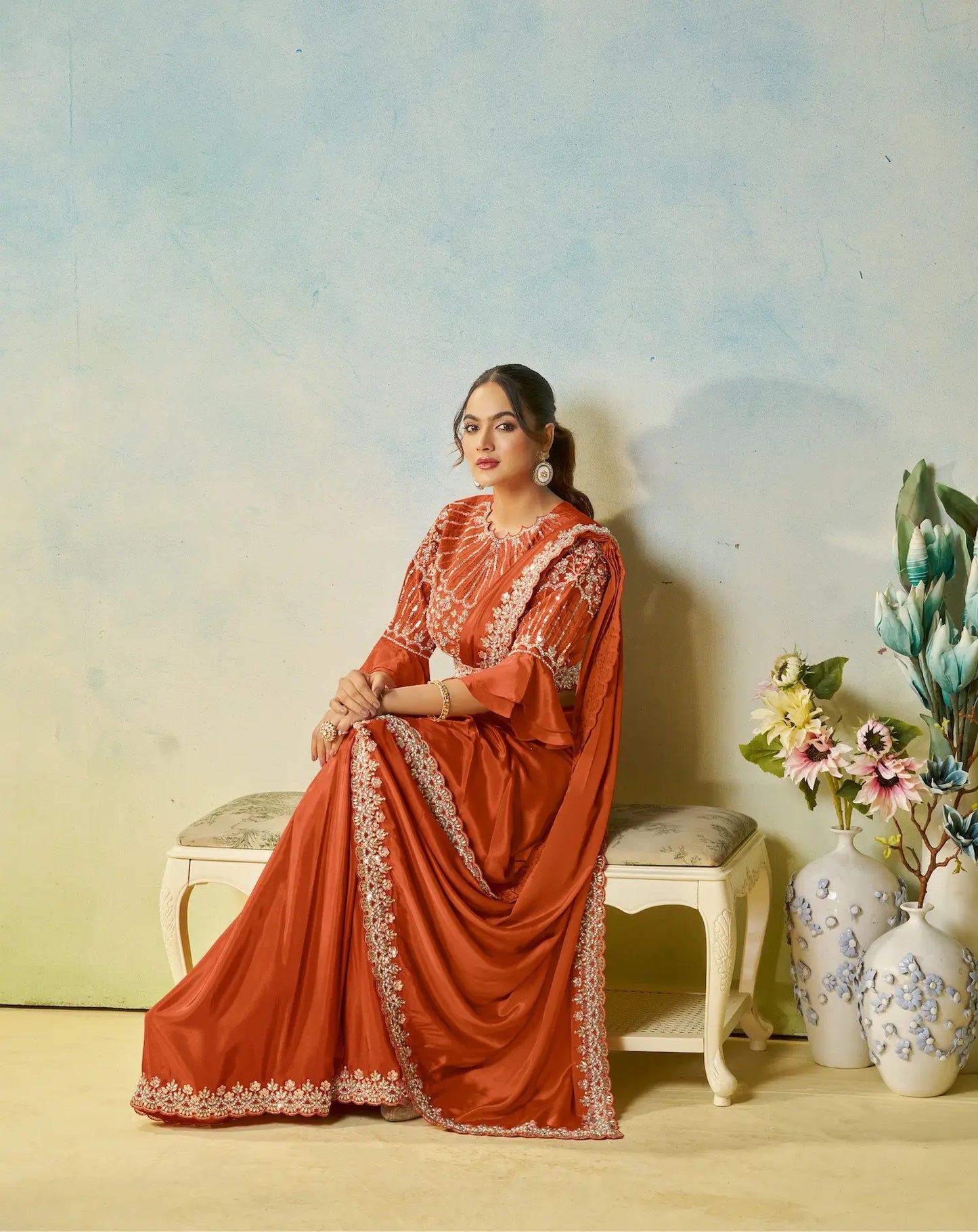 Rust Orange Embroidery & Hand Work One Minute Saree