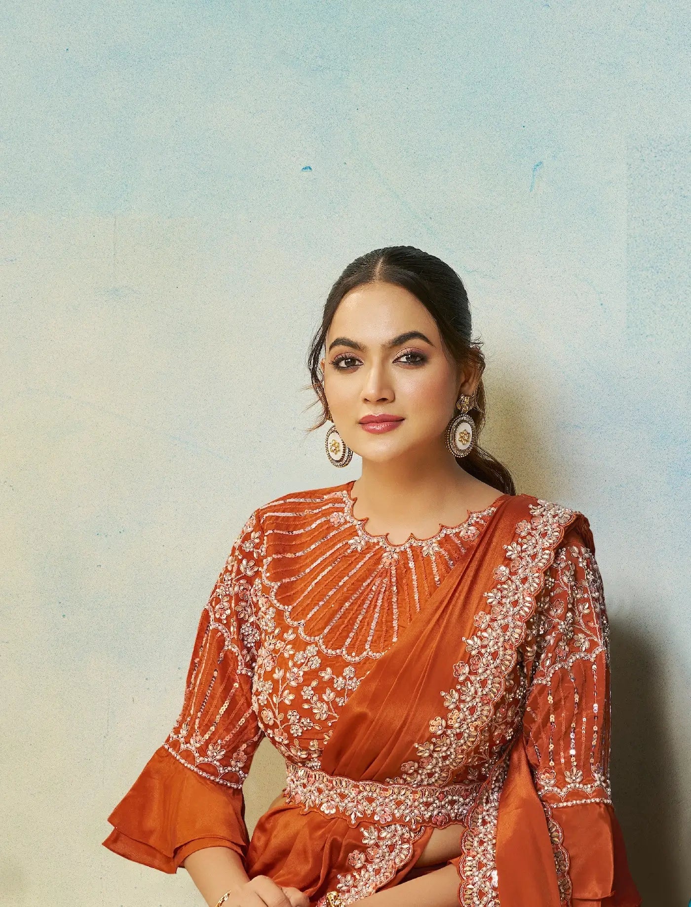 Rust Orange Embroidery & Hand Work One Minute Saree