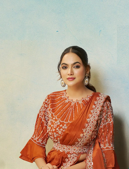 Rust Orange Embroidery & Hand Work One Minute Saree