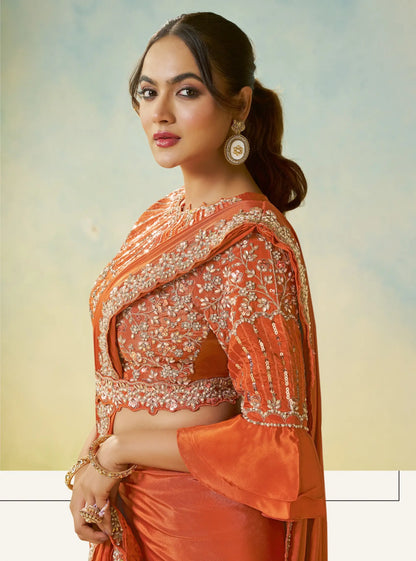 Rust Orange Embroidery & Hand Work One Minute Saree