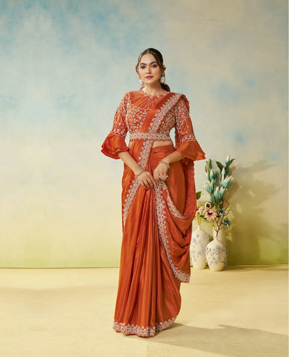 Rust Orange Embroidery & Hand Work One Minute Saree