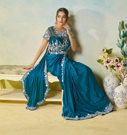 Venice Blue Embroidery & Hand Work One Minute Saree
