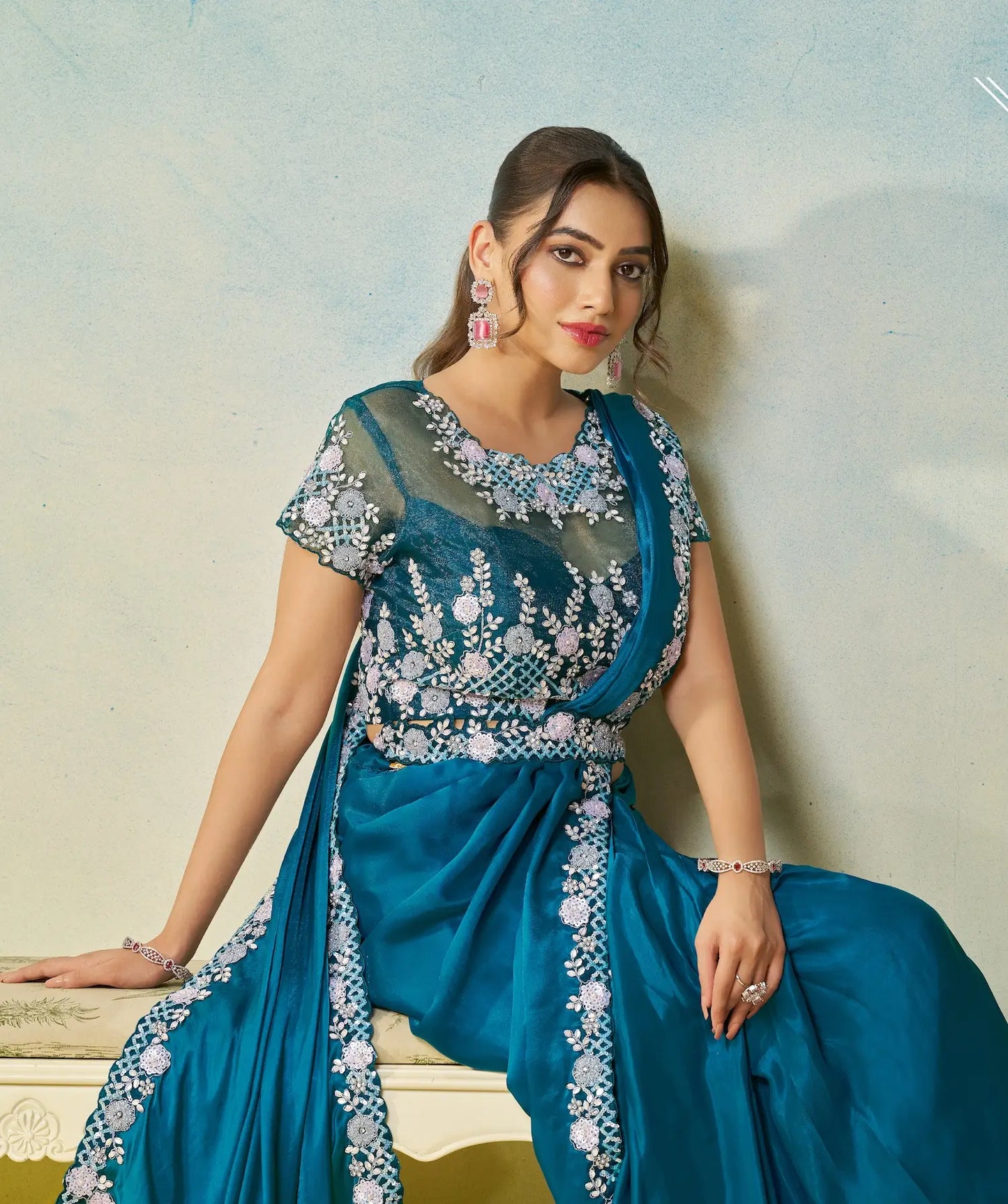 Venice Blue Embroidery & Hand Work One Minute Saree