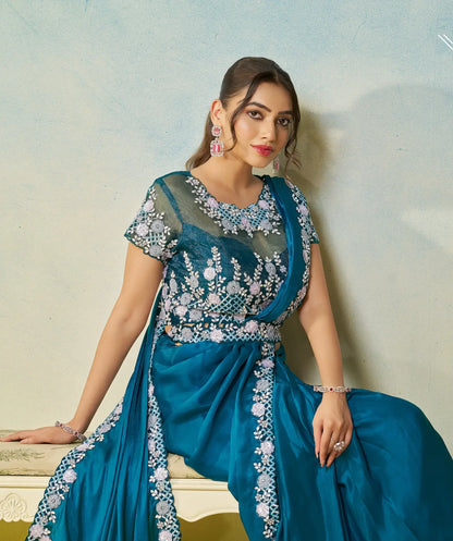 Venice Blue Embroidery & Hand Work One Minute Saree