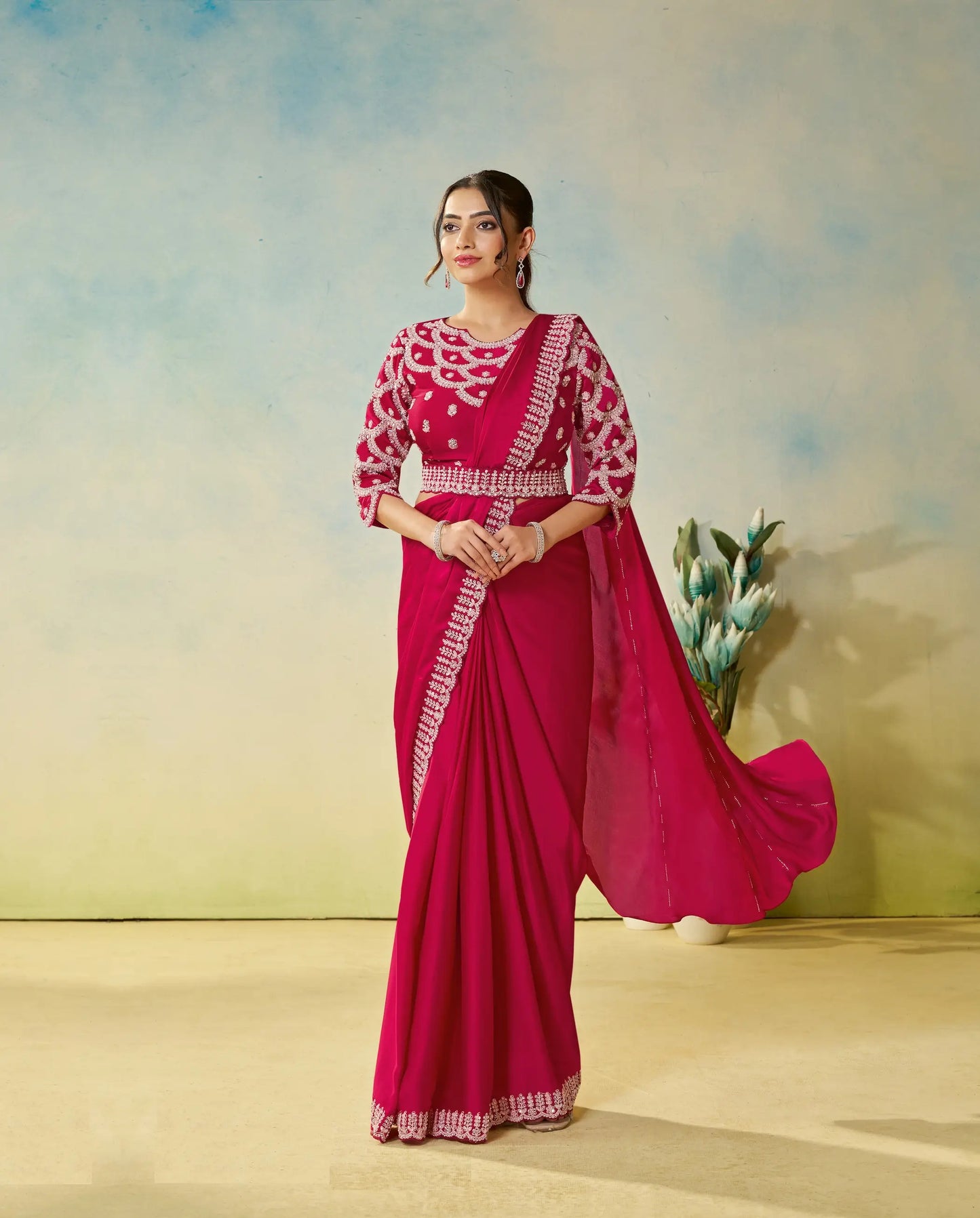 Pinkish Red Embroidery & Hand Work One Minute Saree