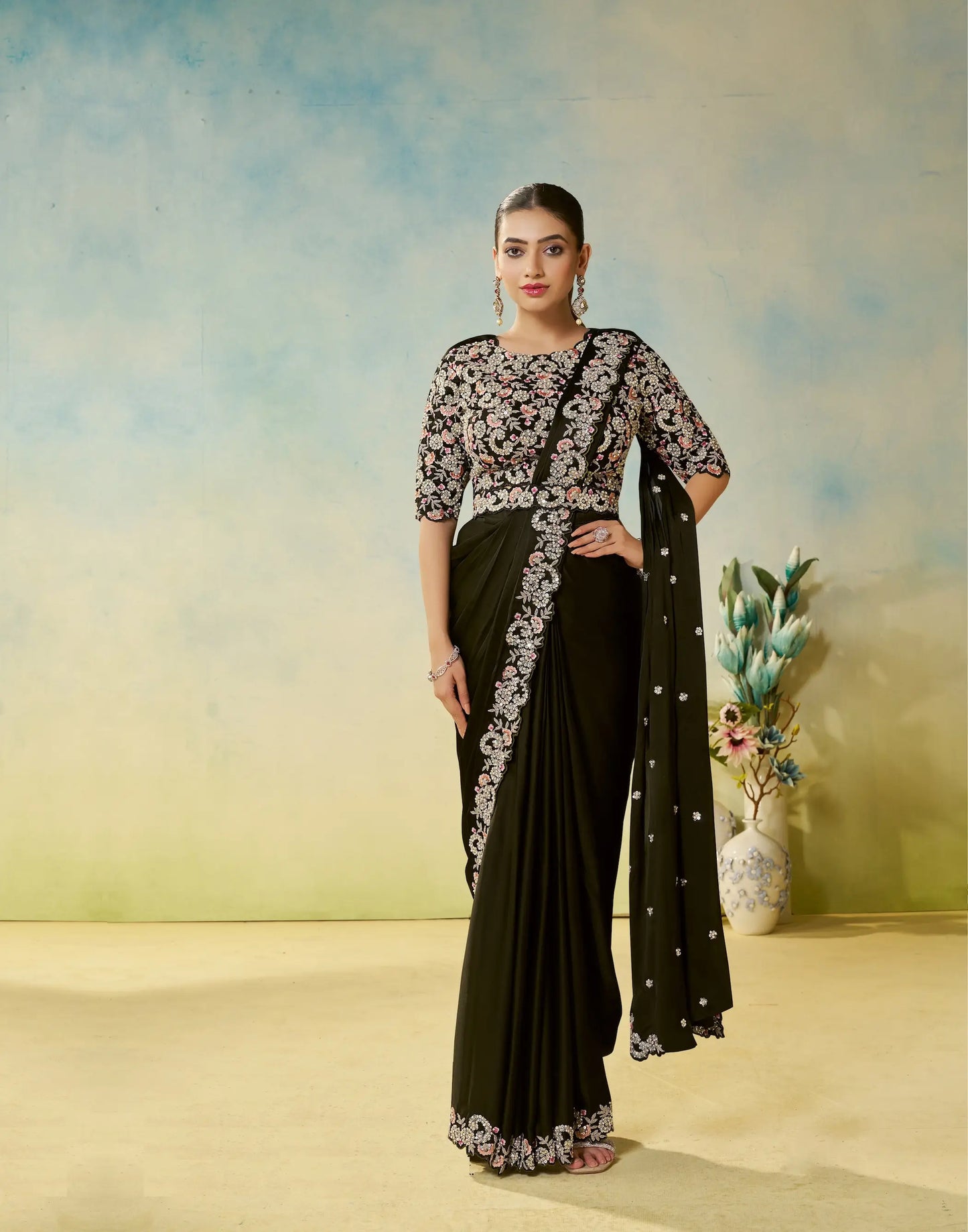 Ebony Black Embroidery & Hand Work One Minute Saree