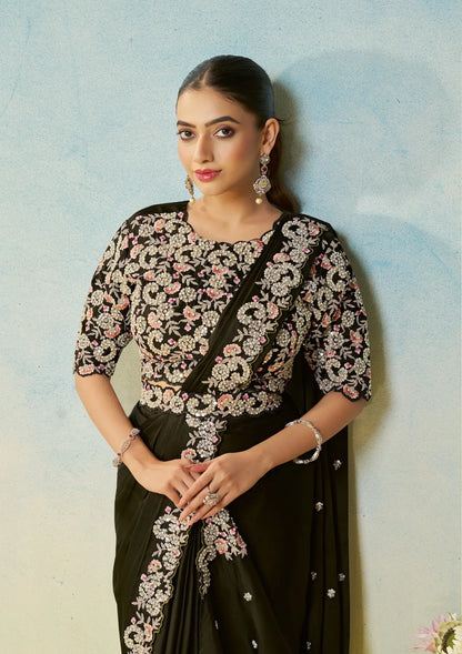 Ebony Black Embroidery & Hand Work One Minute Saree