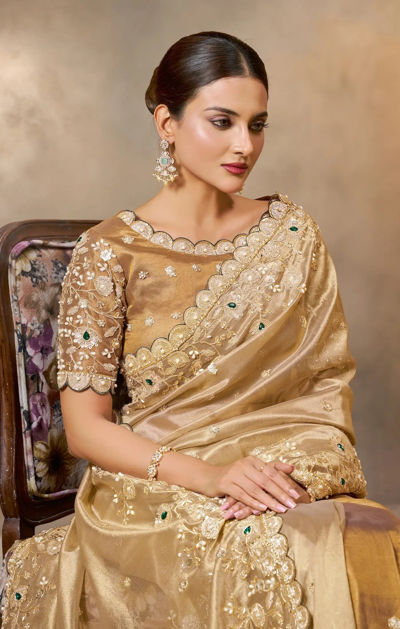 Shaded Golden Tissue Silk Saree With Embroidery & Hand Work