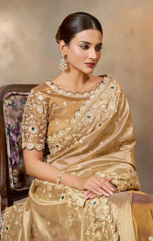 Shaded Golden Tissue Silk Saree With Embroidery & Hand Work