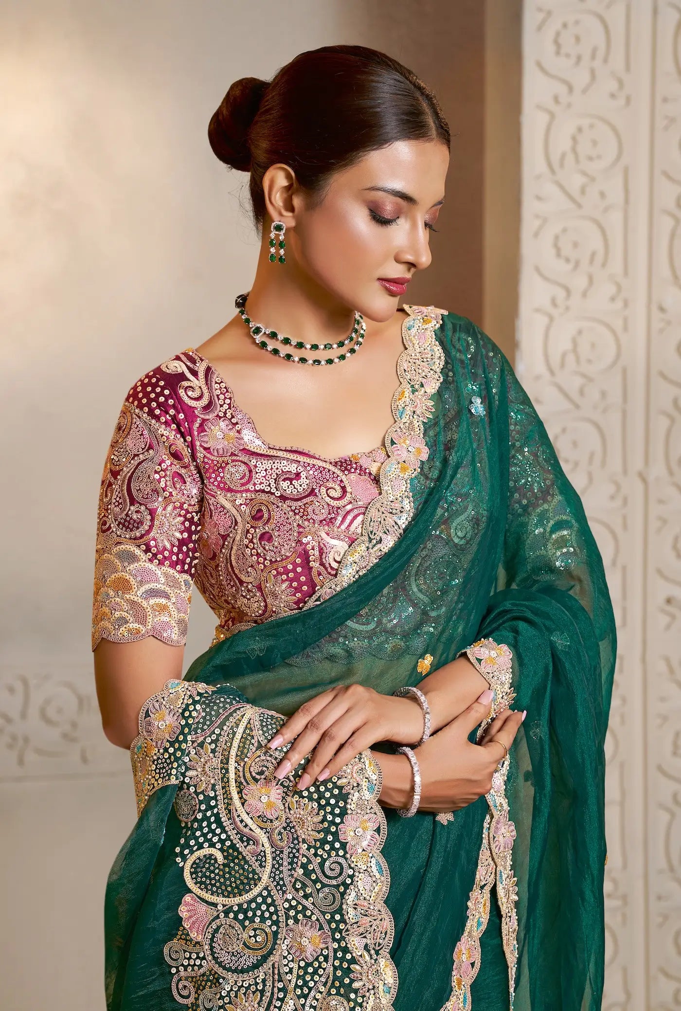 Teal Green Organza Satin Saree With Embroidery & Hand Work