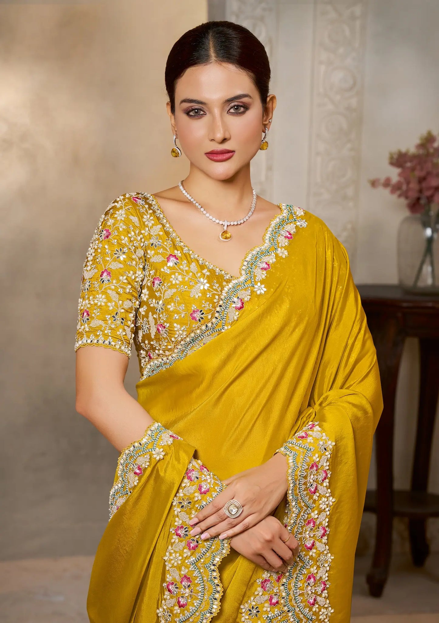 Bee Yellow Satin Silk Saree With Embroidery & Hand Work