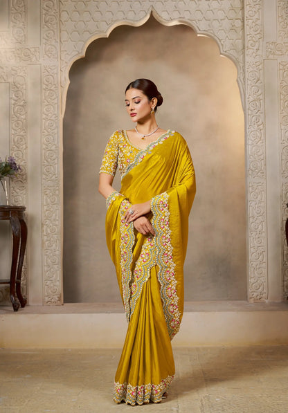 Bee Yellow Satin Silk Saree With Embroidery & Hand Work