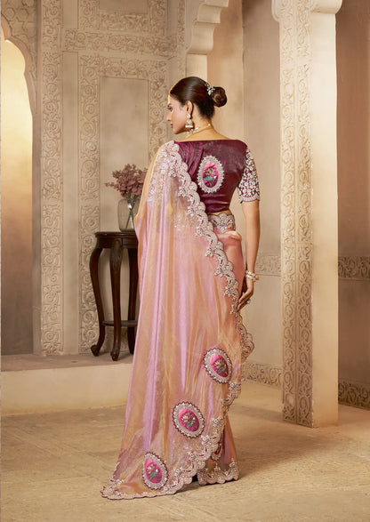 Dusty Pink Organza Silk Saree With Embroidery & Hand Work