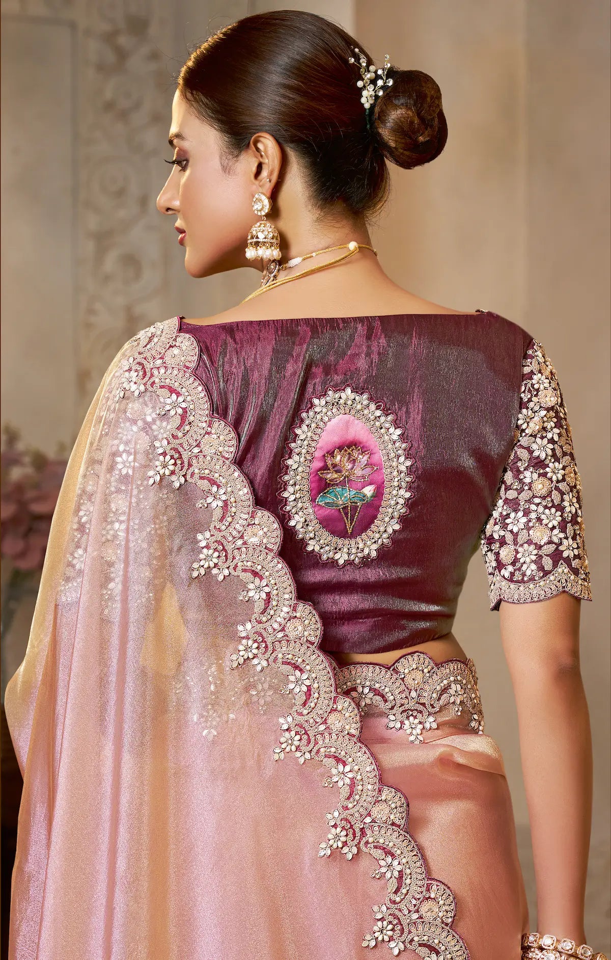 Dusty Pink Organza Silk Saree With Embroidery & Hand Work