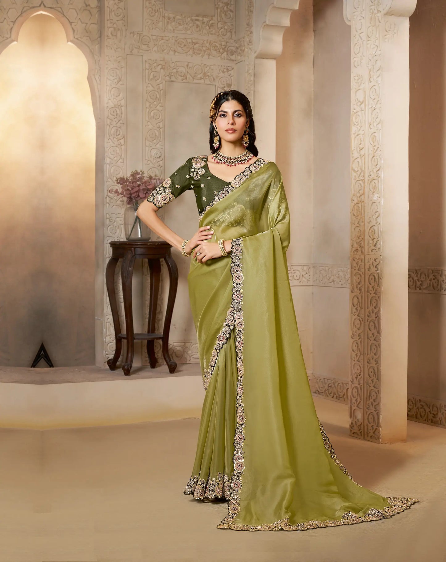 Mustard Olive Organza Satin Saree With Embroidery & Hand Work