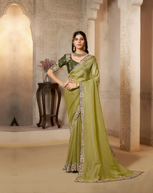 Mustard Olive Organza Satin Saree With Embroidery & Hand Work