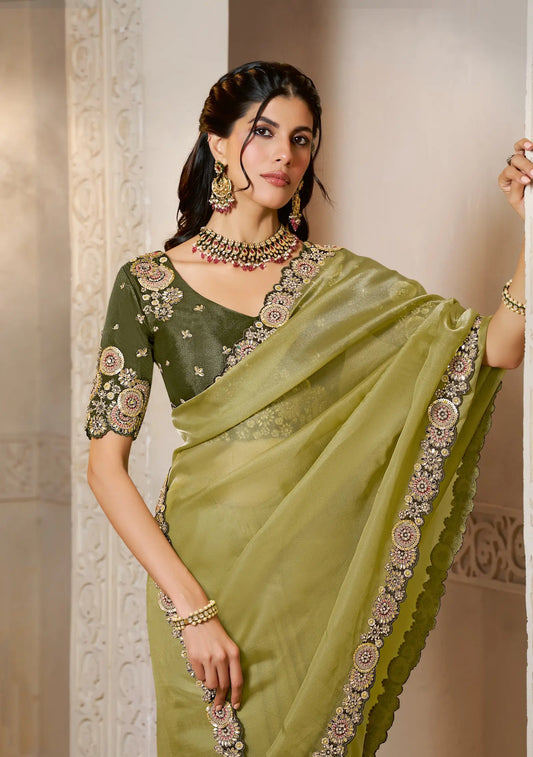 Mustard Olive Organza Satin Saree With Embroidery & Hand Work