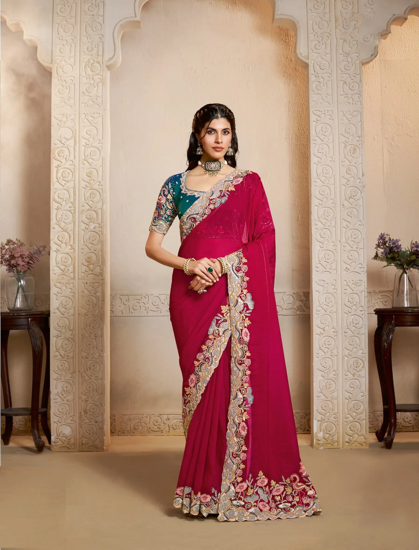 Rose Red Satin Silk Saree With Embroidery & Hand Work