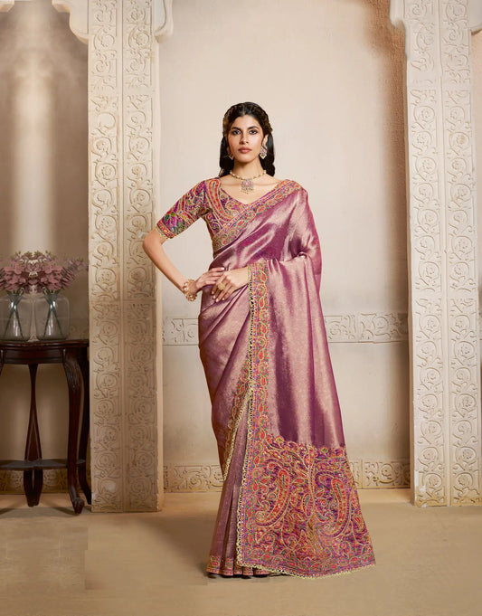 Onion Pink Kanjivaram Silk Saree With Embroidery & Hand Work