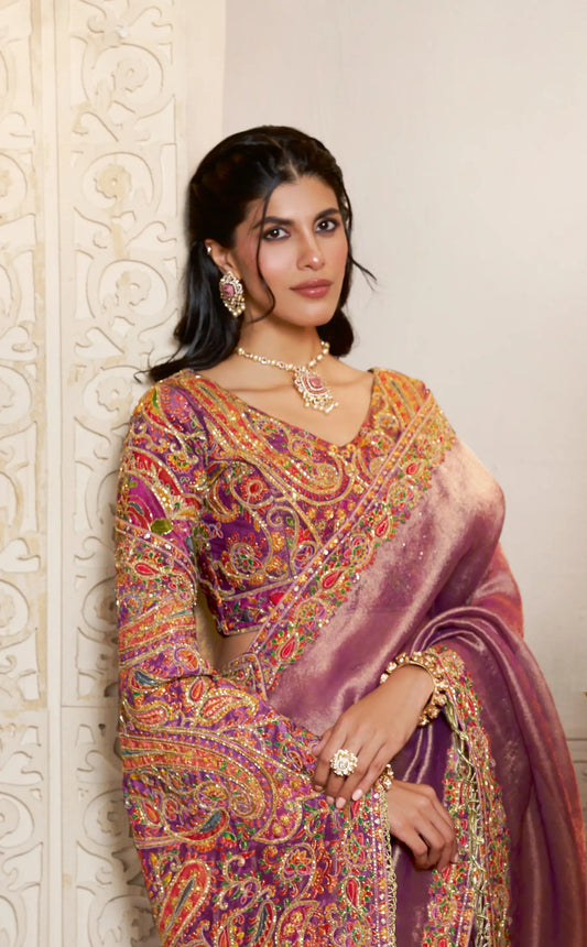 Onion Pink Kanjivaram Silk Saree With Embroidery & Hand Work