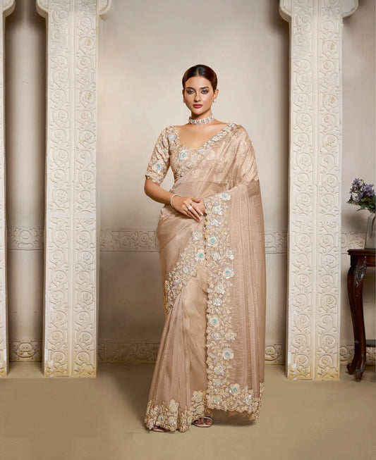 Almond Beige Organza Silk Saree With Embroidery & Hand Work