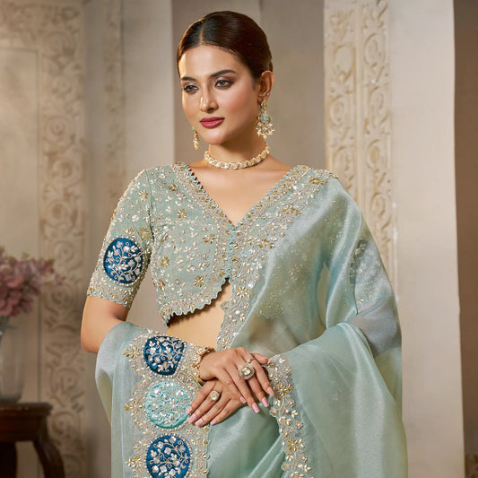 Sky Grey Organza Tissue Saree With Embroidery & Hand Work