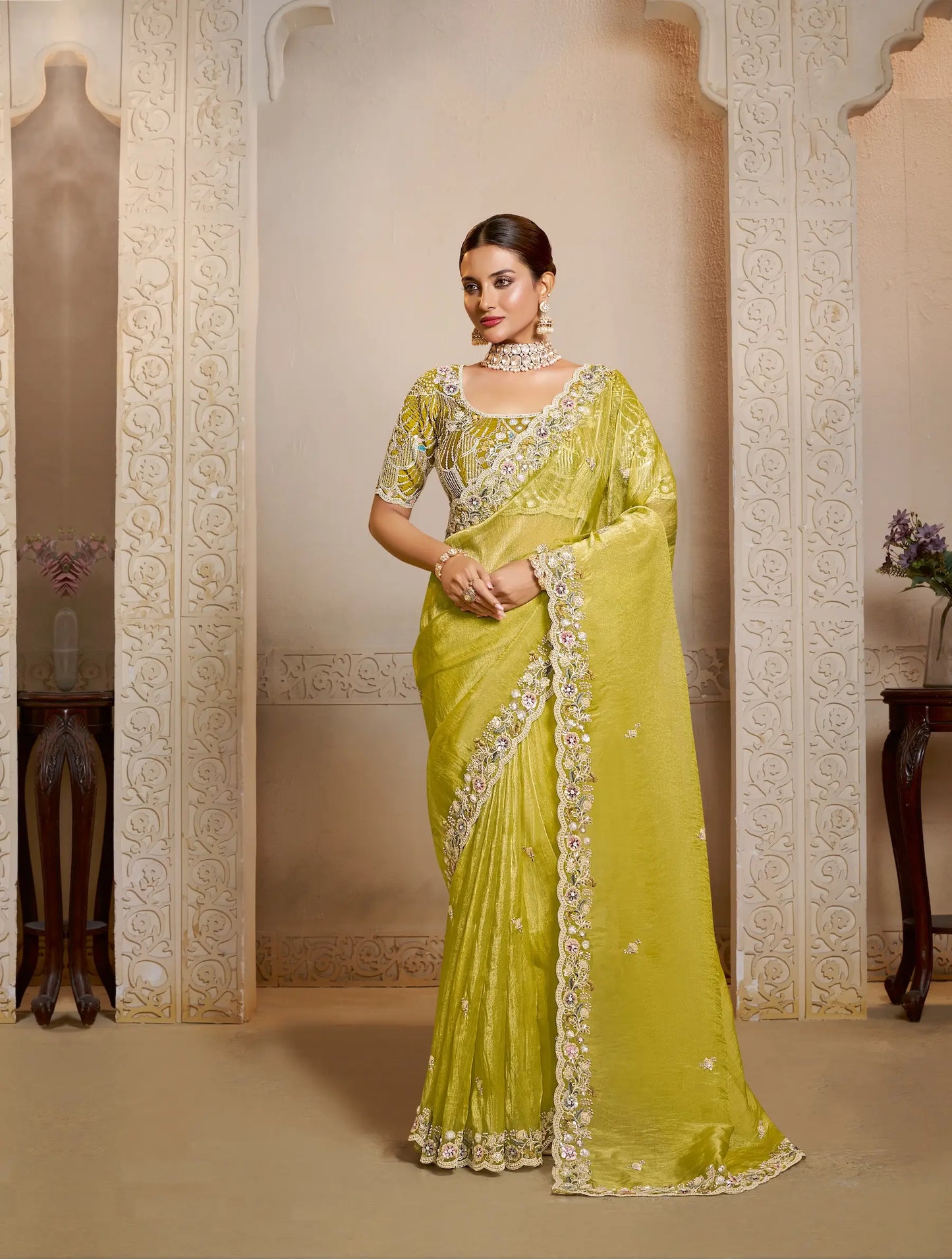 Classic Yellow Organza Satin Saree With Embroidery & Hand Work