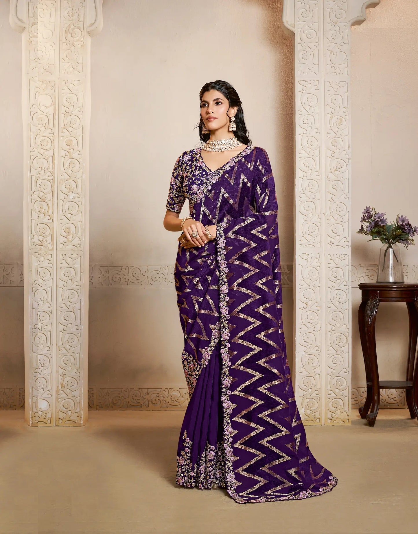 Deep Purple Jacquard Silk Saree With Embroidery & Hand Work