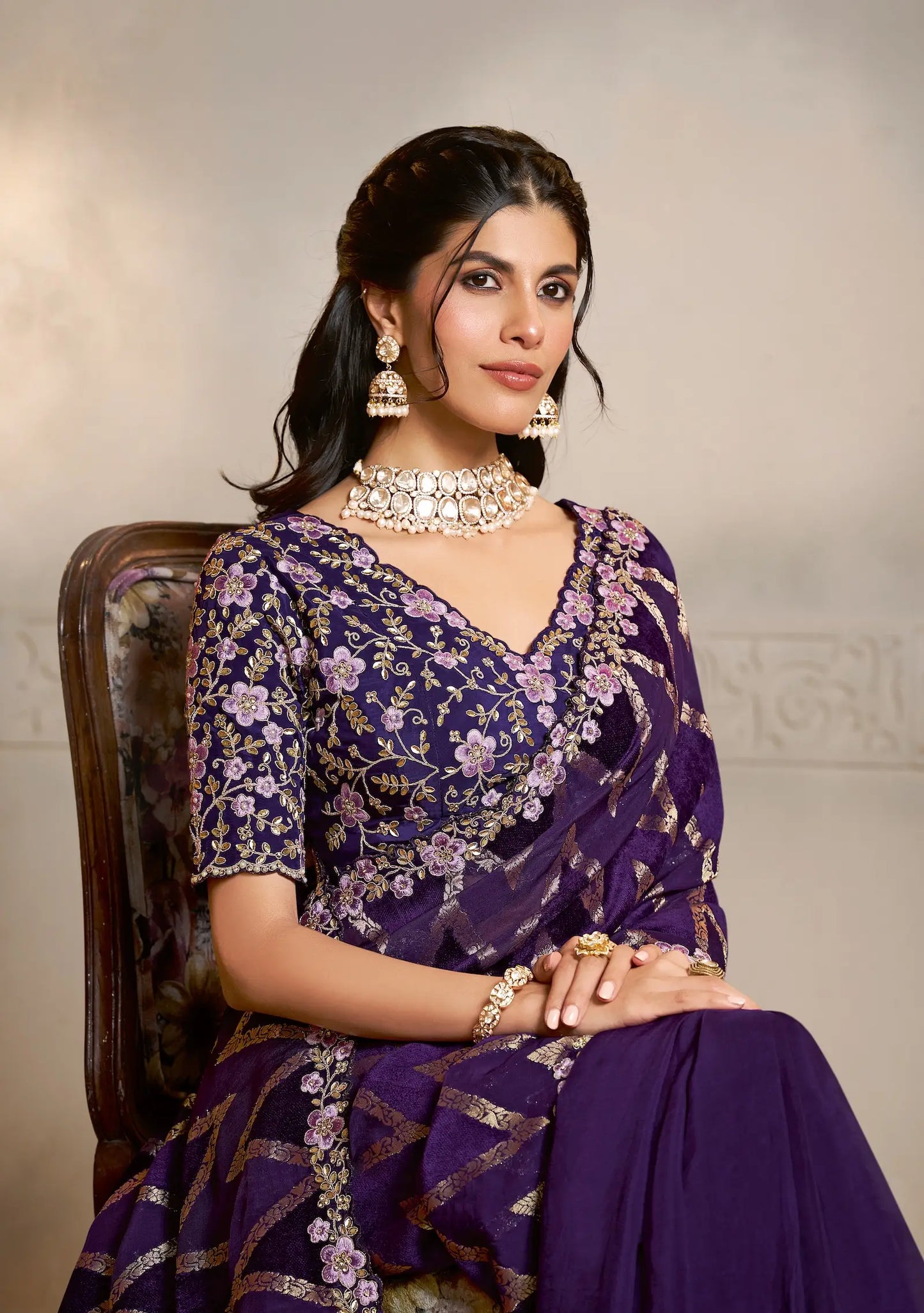 Deep Purple Jacquard Silk Saree With Embroidery & Hand Work