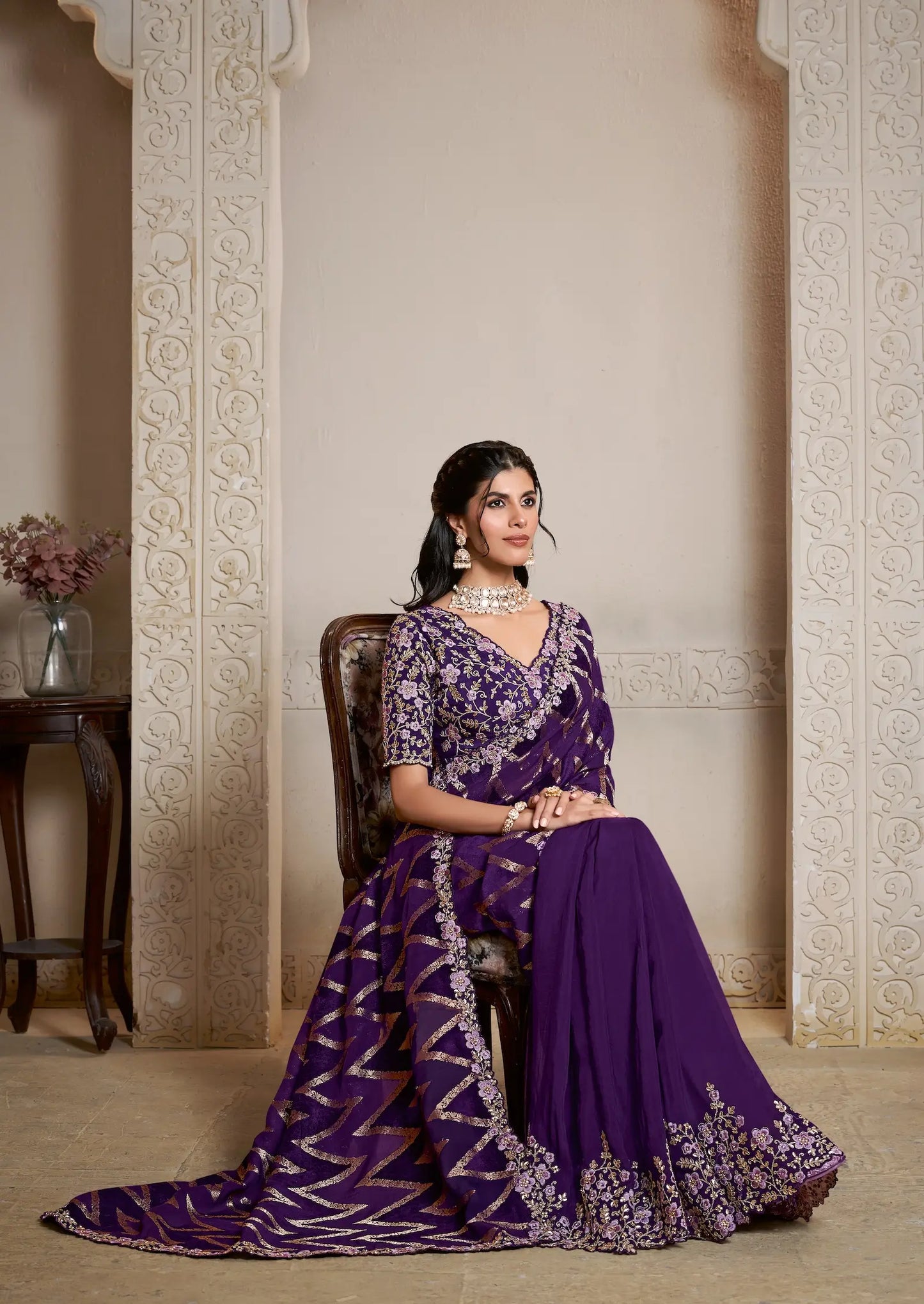 Deep Purple Jacquard Silk Saree With Embroidery & Hand Work