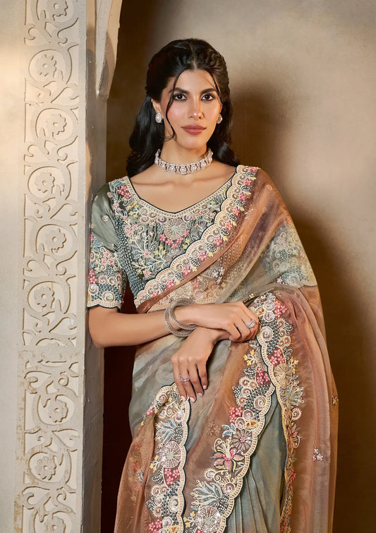 Peach-Grey Organza Satin Saree With Embroidery & Hand Work